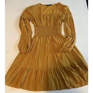 Hesperus Womens Square Neck Mustard Yellow Dress Long Sleeve Ruched Waist Med